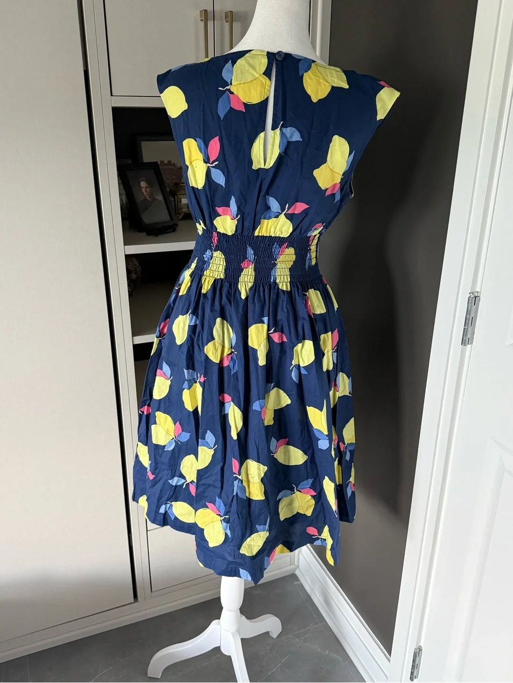 kate spade Navy Lemon Print Smocked-Waist Midi Dress